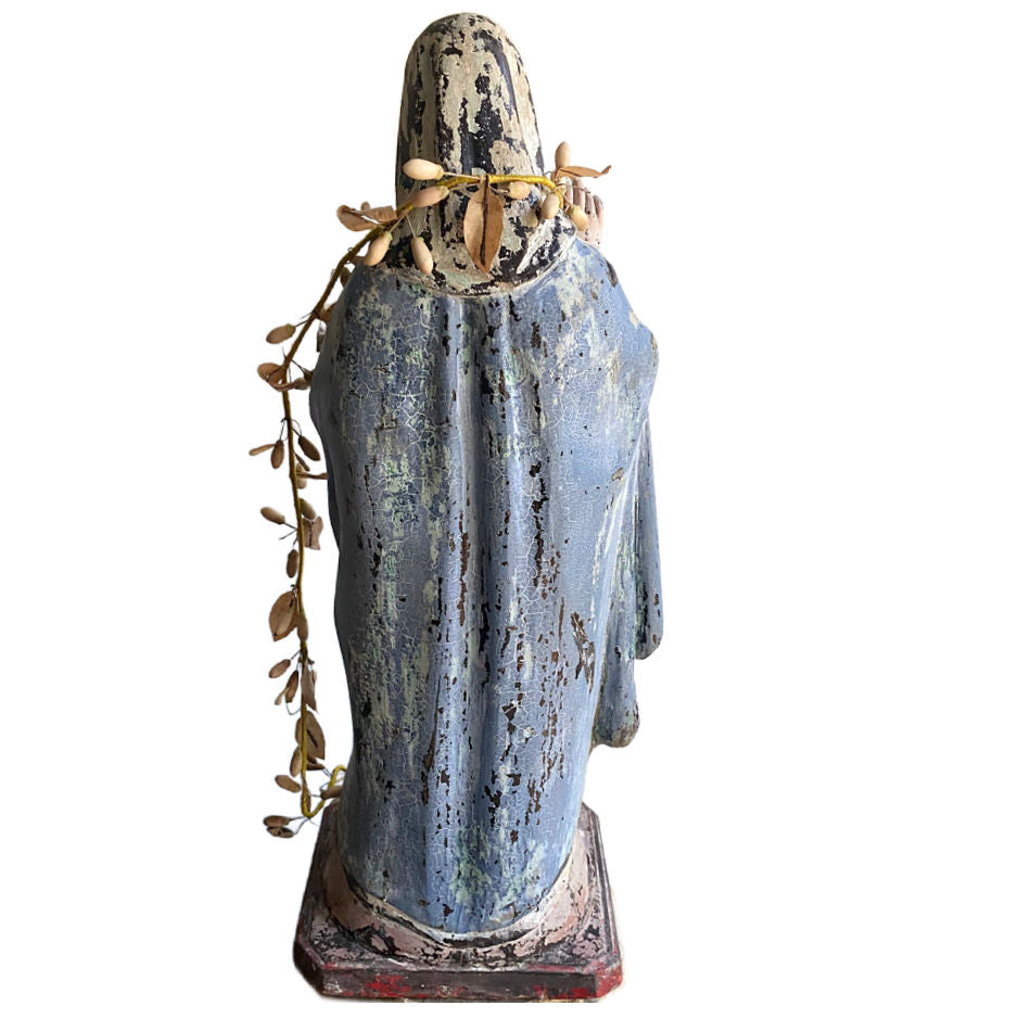 back of 9th Century French Colonial Polychrome St Theresa of Avila, made of carved wood, and a layer of gesso under the painted finish. Exceptional!