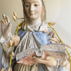 Stunning 19th Century French Colonial Polychrome St Theresa of Avila, made of carved wood, and a layer of gesso under the painted finish-hand raised for blessing.