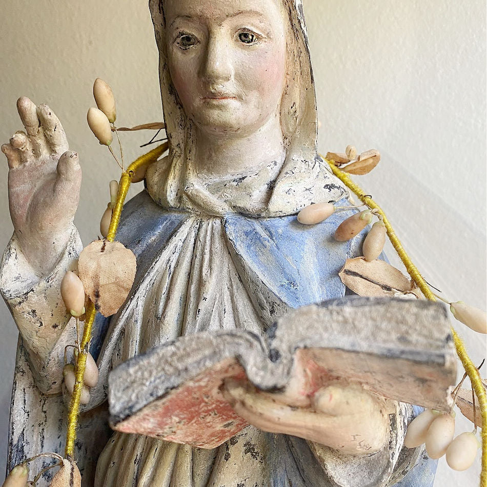 Stunning 19th Century French Colonial Polychrome St Theresa of Avila, made of carved wood, and a layer of gesso under the painted finish-hand raised for blessing.