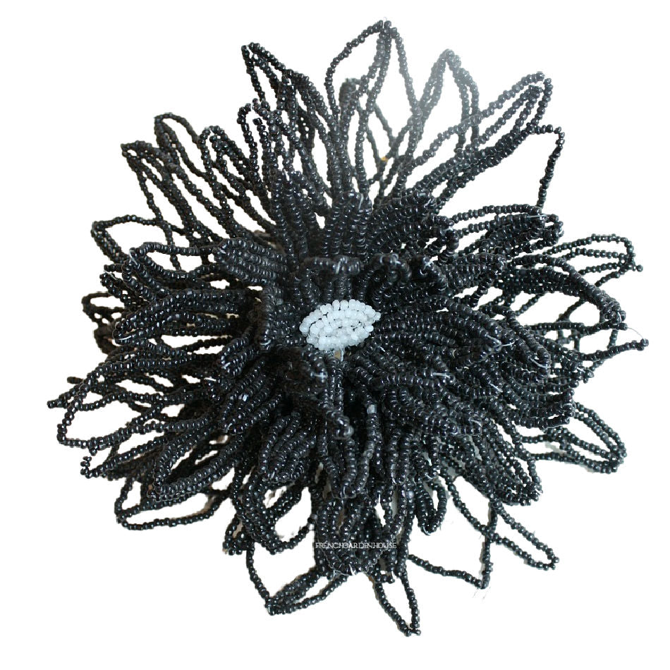 Antique French Hand Made Glass Beaded Huge Flower Noir