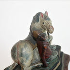 Detail antique hand carved wood rider figure showing expressive carving and original painted surface, early 20th century