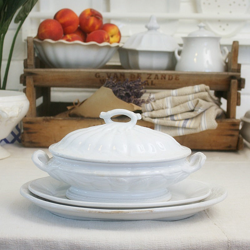 Antique 19th Century White Ironstone Tureen with Wheat Lid