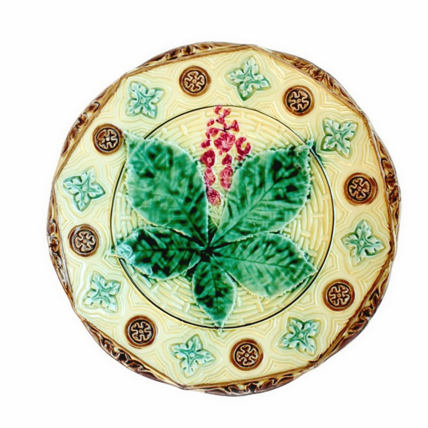 19th Century Majolica Plate with Chestnut Leaf