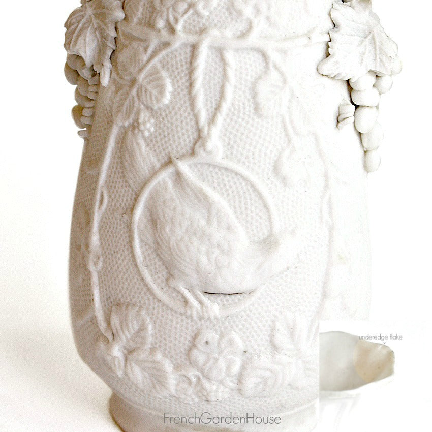 Antique Estate Parian Porcelain Vase Flowers &amp; Bird