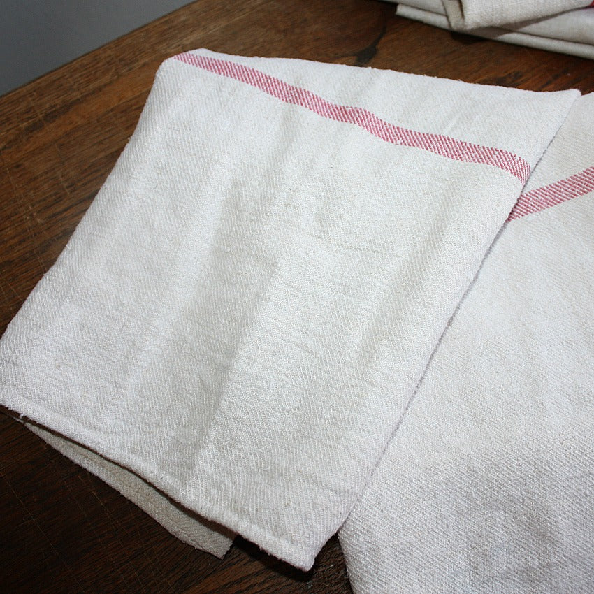 19th century hand woven French family linen towel with madder red stripes