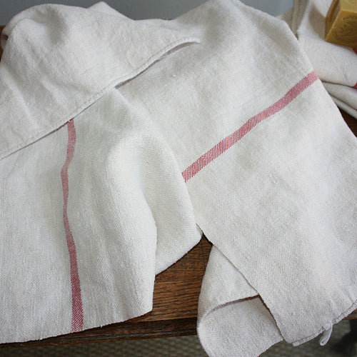Antique French linen and hemp towel with red stripes