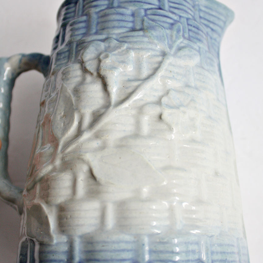 Antique 1800’s Blue & White Salt Glaze Stoneware Pitcher Floral Basket Weave