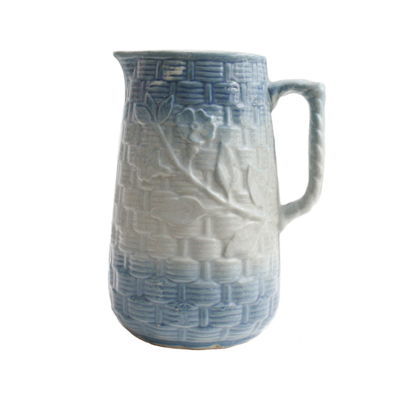 Antique 1800’s Blue & White Salt Glaze Stoneware Pitcher Floral Basket Weave