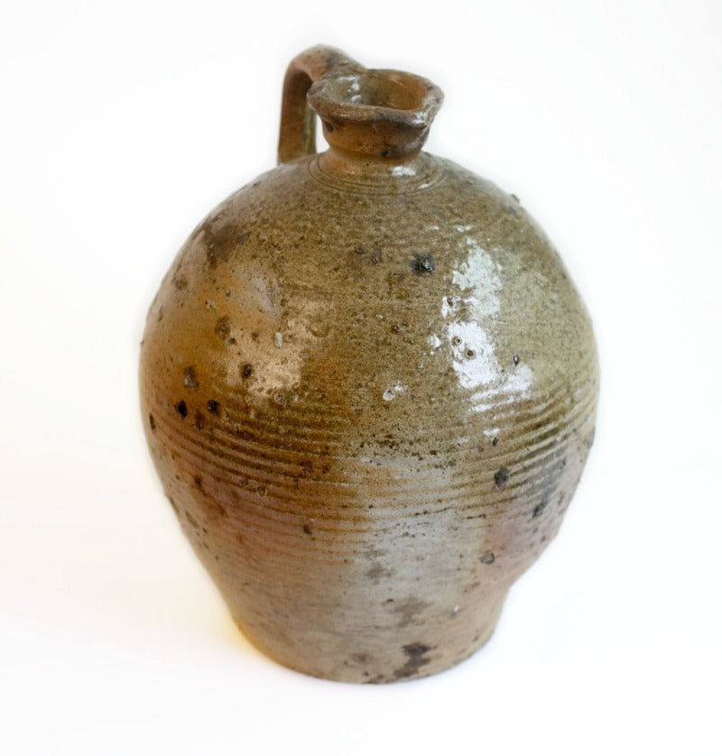 19th C French Hand-Thrown Walnut Oil Jar, Rustic Glazed Stoneware