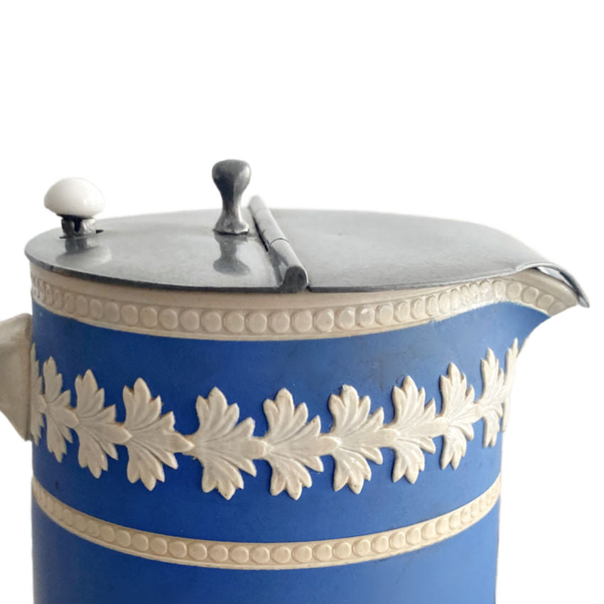 Rare Antique blue and white Jasperware jug with original silver lid