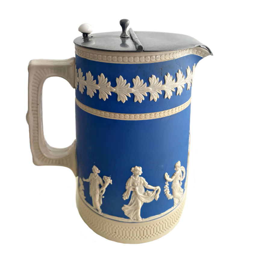 Rare Antique blue and white Jasperware jug with original silver lid
