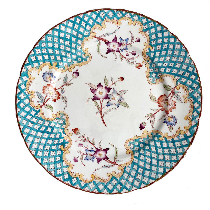 19th Century French Hand Enameled Turquoise and Floral Plates Set of 6