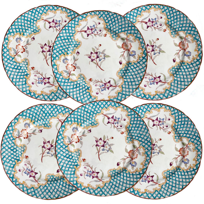 Antique set of six French hand painted and hand enameled aqua blue plates