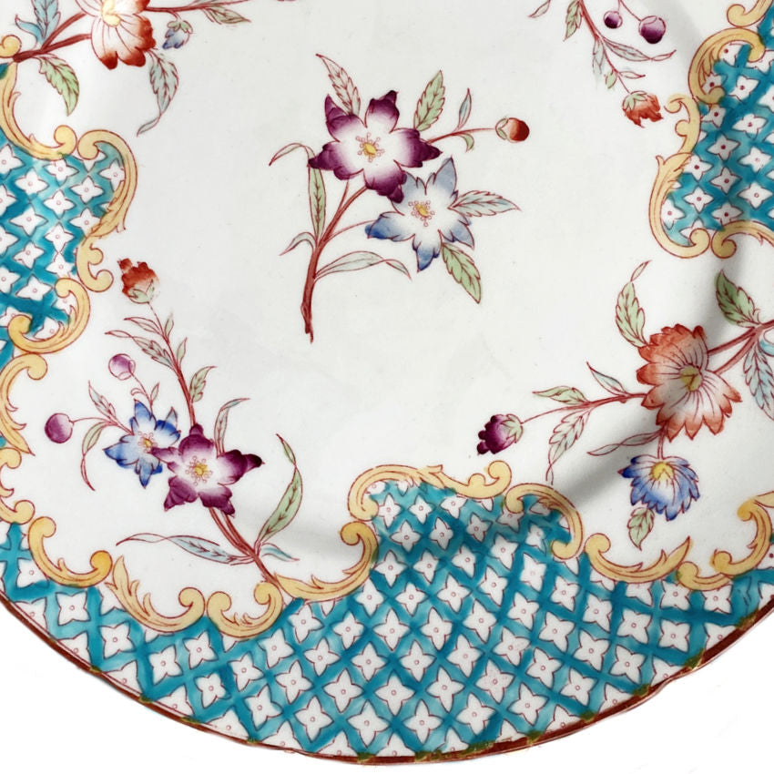 19th Century French Hand Enameled Turquoise and Floral Plates Set of 6