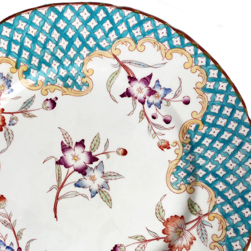 19th Century French Hand Enameled Turquoise and Floral Plates Set of 6