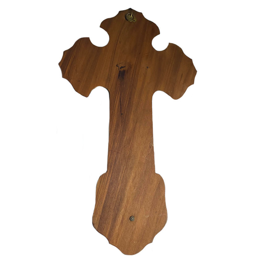 Back of antique French crucifix with red velvet covered wooden cross and mounted bronze Corpus, late 1800s devotional wall shrine