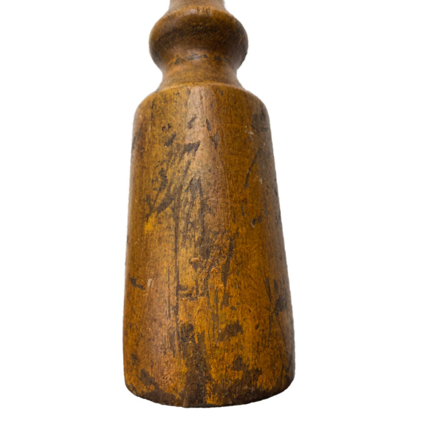 Primitive kitchen tool, Antique wood masher, 19th century utensil, Original mustard paint, Early farmhouse, French Country kitchen, Rustic décor, Hand-turned wood, Primitive antique, Country cooking, Antique kitchenware, Early American primitive, Collectible utensil, Old paint patina, Farmhouse style