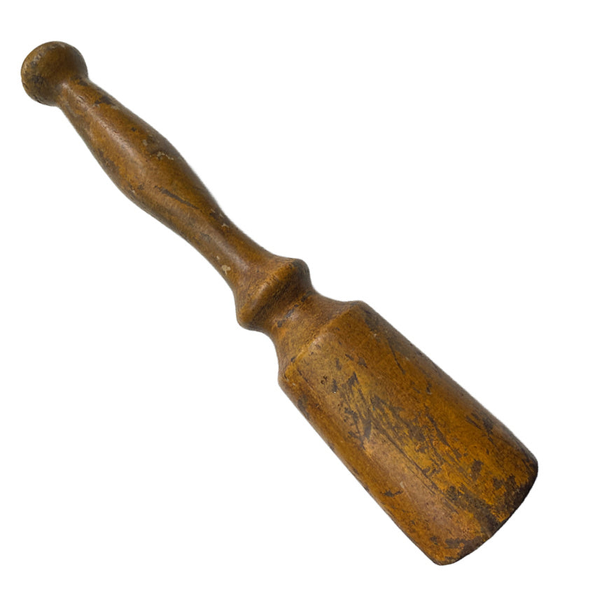 Primitive kitchen tool, Antique wood masher, 19th century utensil, Original mustard paint, Early farmhouse, French Country kitchen, Rustic décor, Hand-turned wood, Primitive antique, Country cooking, Antique kitchenware, Early American primitive, Collectible utensil, Old paint patina, Farmhouse style