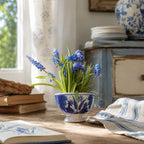 Antique Flow Blue Feathered Tea Bowl, Petrus Regout, Maastricht, 1883, in a french country kitchen with ironstone and french striped linen napkins