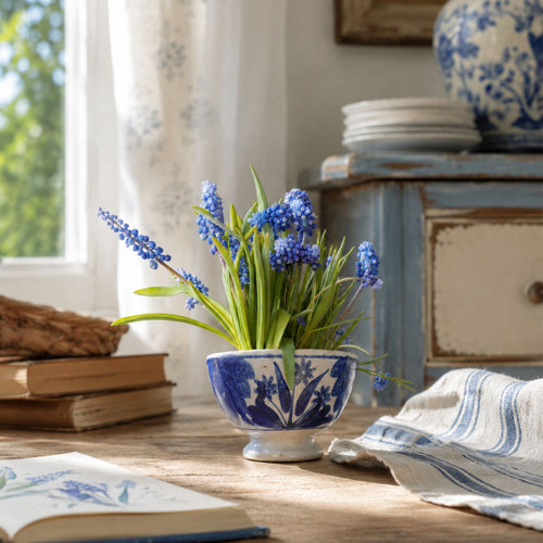 Antique Flow Blue Feathered Tea Bowl, Petrus Regout, Maastricht, 1883, in a french country kitchen with ironstone and french striped linen napkins
