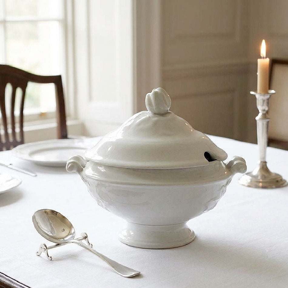Antique E. Clarke ironstone sauce tureen styled on an elegant English country house dining table