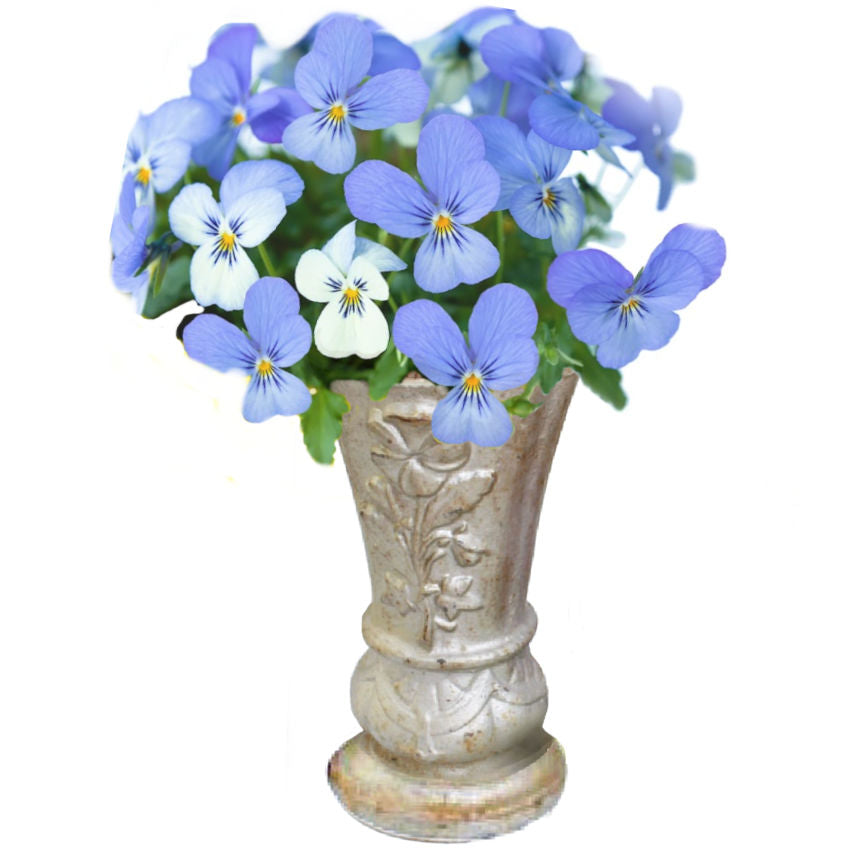 Antique silvered French remembrance urn styled with a lush bouquet of colorful spring garden pansies
