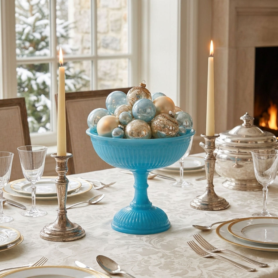 Antique French turquoise opaline glass centerpiece bowl styled with blue and silver vintage Christmas ornaments on an elegant holiday table.