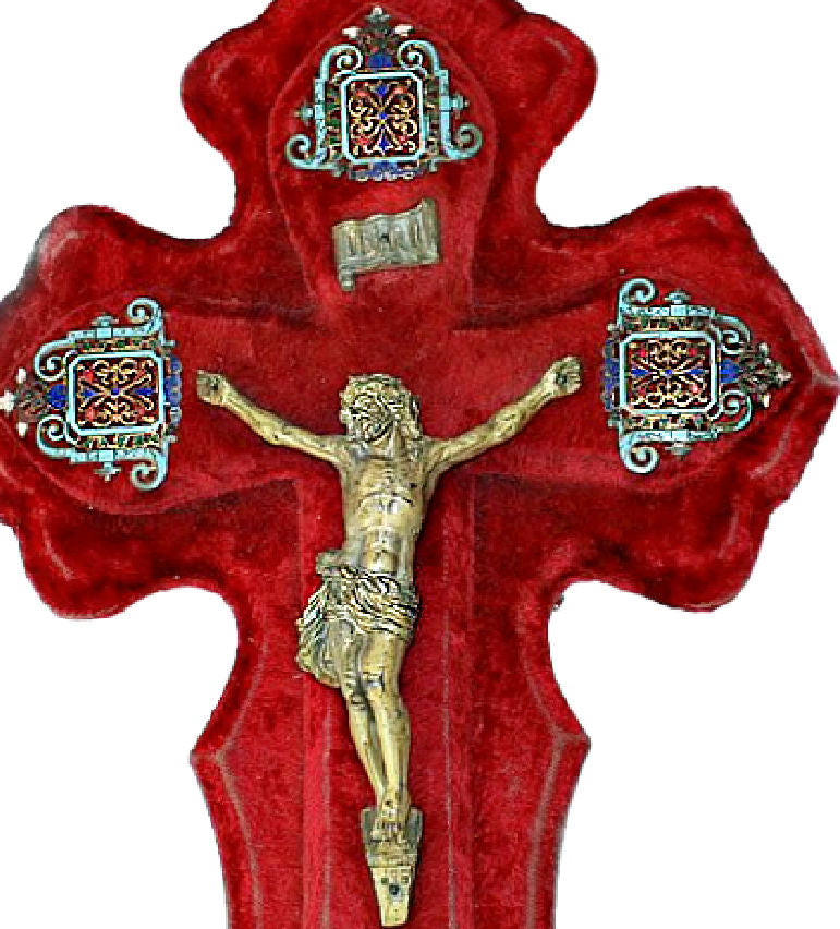 19th Century French Cloisonné Enamel Bénitier Holy Water Font with Reticulated Corners & Velvet-Backed Corpus
