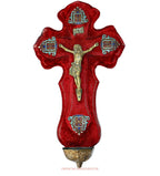 Exceptional 19th century French cloisonné enamel bénitier with reticulated corners, velvet-backed corpus, and gilt details. Rare devotional treasure.