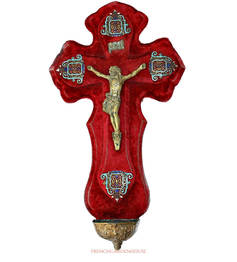 Exceptional 19th century French cloisonné enamel bénitier with reticulated corners, velvet-backed corpus, and gilt details. Rare devotional treasure.
