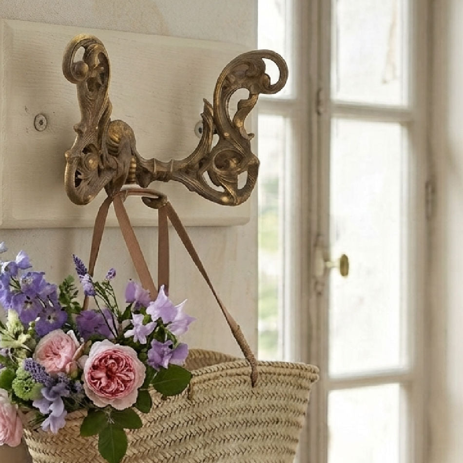 19th Century French Gilt Cast Iron Double Hook | Ornate Rococo Foliate Design