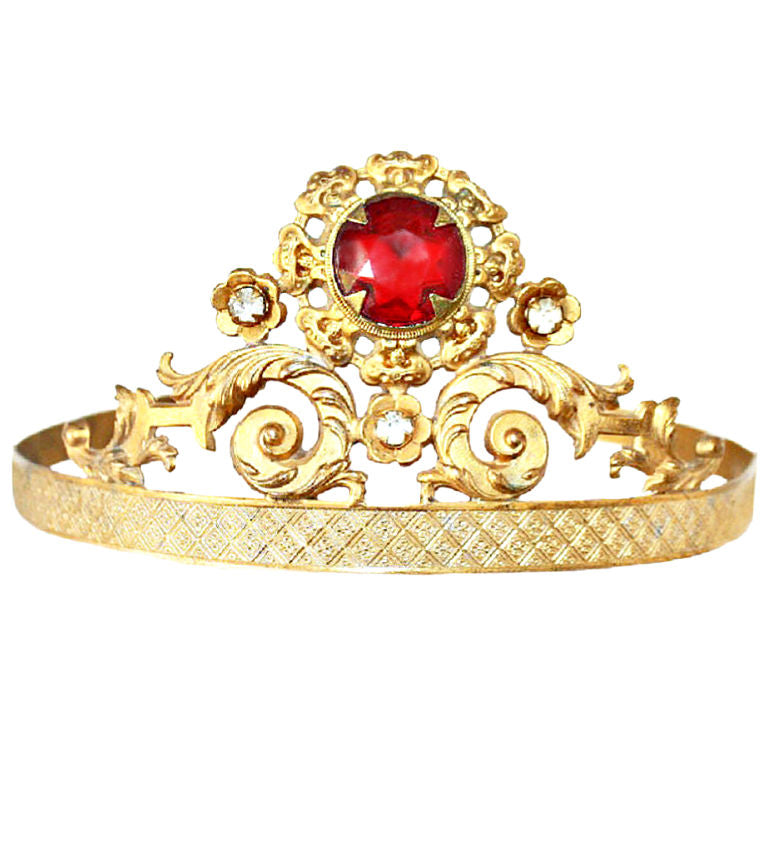 19th century French gilt Madonna crown with ruby red jewel and paste stones. Large church-scale religious tiara, adjustable band, exquisite ecclesiastical history.