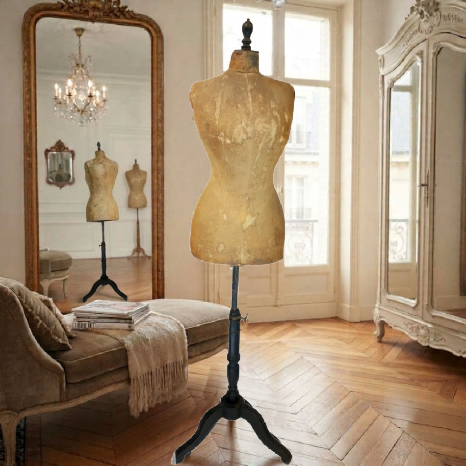 1. Antique 19th-century French Maison Deschildre couturier's mannequin in a French dressing room