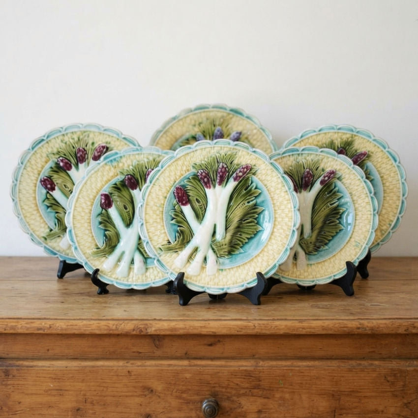 19th Century French Majolica Asparagus Plate Keller and Guerin with purple and aqua colors