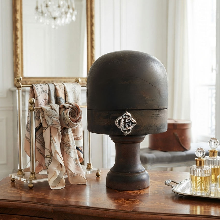 French 19th Century Millinery Shop Display Wood Hat Block  with Sterling Monogram II
