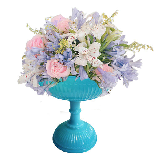 19th century French blue opaline glass footed centerpiece bowl with pedestal base. Elegant antique compote for refined display and entertaining-with flowers