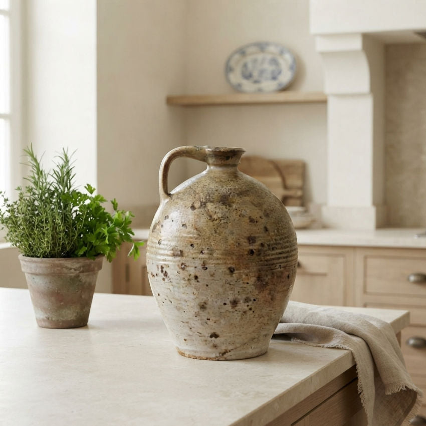 Antique French walnut oil jar in a French country kitchen with fresh herbs