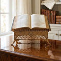 Antique French Napoleon III gilt brass Bible stand with Pax micro-mosaic medallion in French library on desk