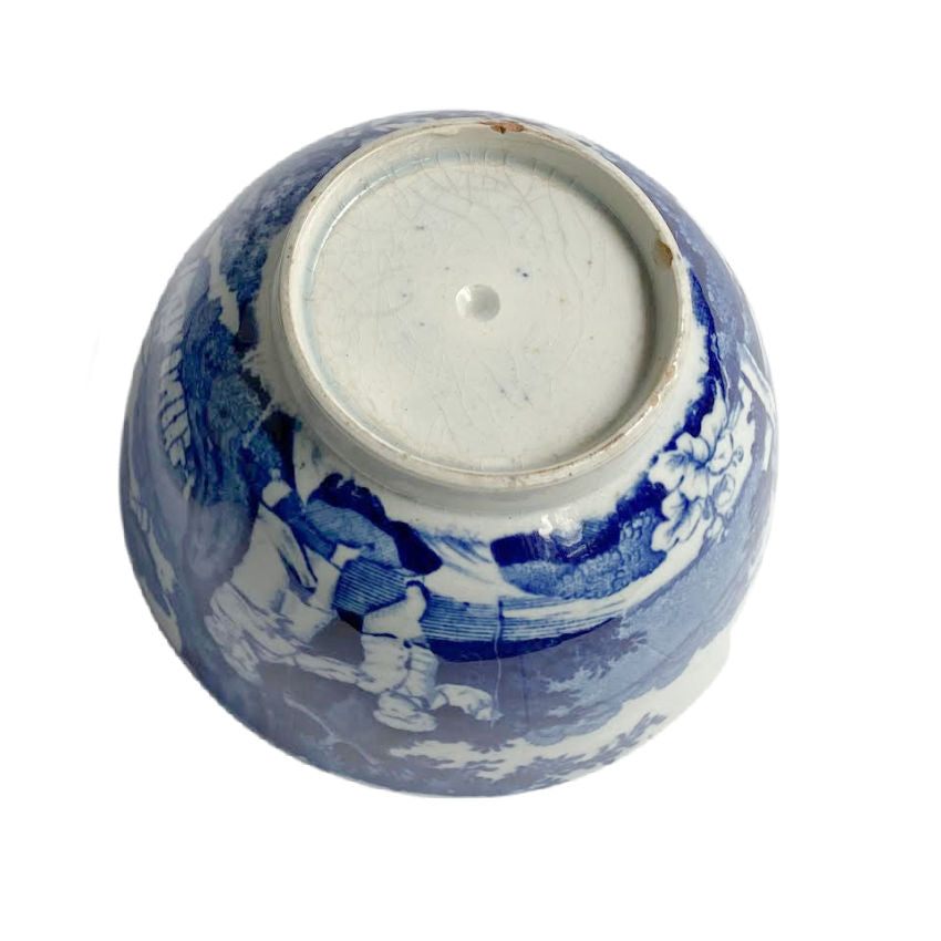 19th Century Regency Blue and White Transferware Pearlware Tea Bowl Mother and Children Playing