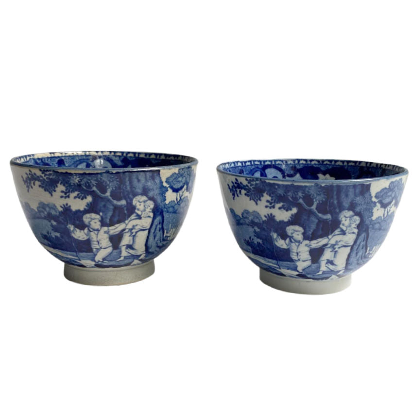 19th Century Regency Blue and White Transferware Pearlware Tea Bowl Mother and Children Playing