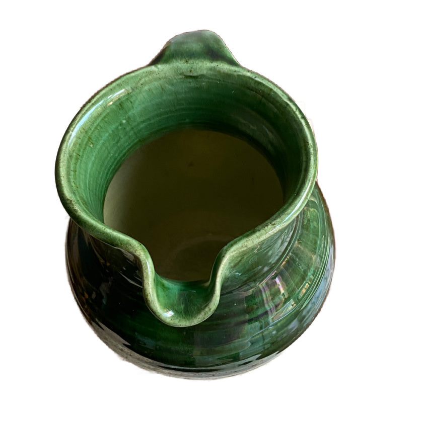 Hand-thrown Savoyard pottery pitcher with annelée texture spout detail