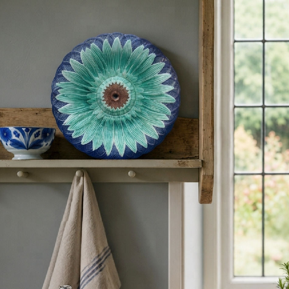 Antique English majolica sunflower plate styled on a shelf in a light filled room with flow blue bowl and french linen