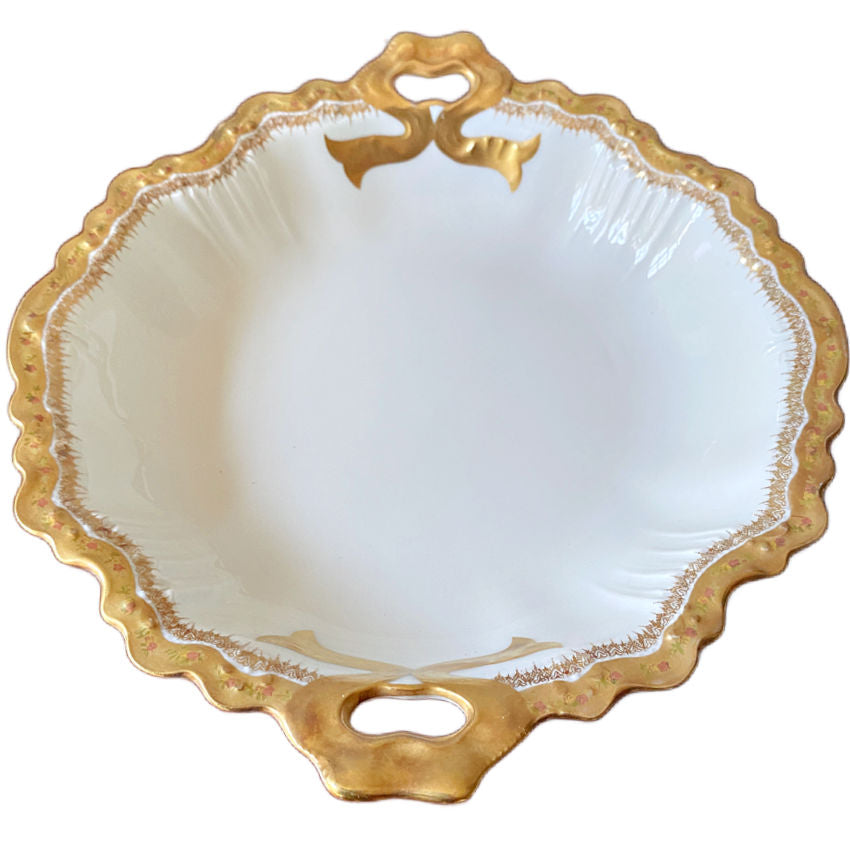 Antique Jean Pouyat Limoges Gilt Serving Bowl with Bow Handles