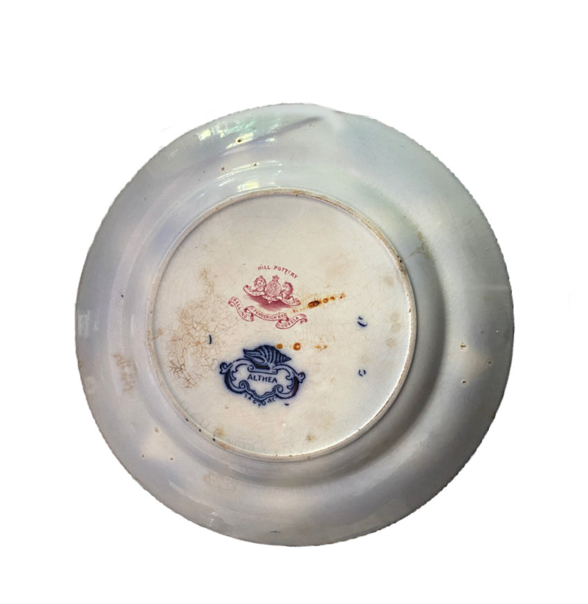antique flow blue plate, Althea pattern, Hill Pottery, Bellino and Fenderich, Odessa mark, antique floral plate, hibiscus flowers, 19th century transferware, English pottery, blue and white antique, Victorian ceramics, collectible flow blue, FrenchGardenHouse style