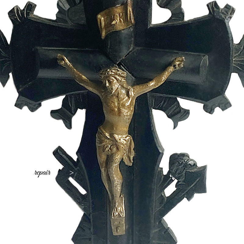 Antique 19th Century French Carved Wood Wall Cross Bronzed Christ