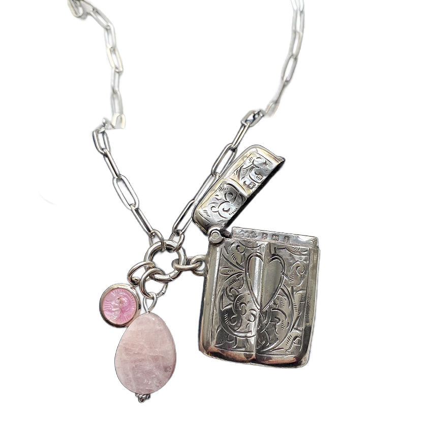 Objet Trouvé Antique Sterling Match Safe with Heart Charm Necklace