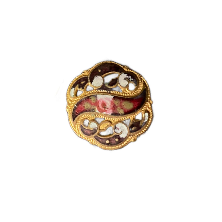 3 French Antique Champleve Enameled Pink Rose Gilt Buttons