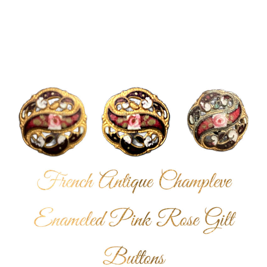 Set of three French antique champleve enameled buttons with pink rose designs and gold-colored filigree.