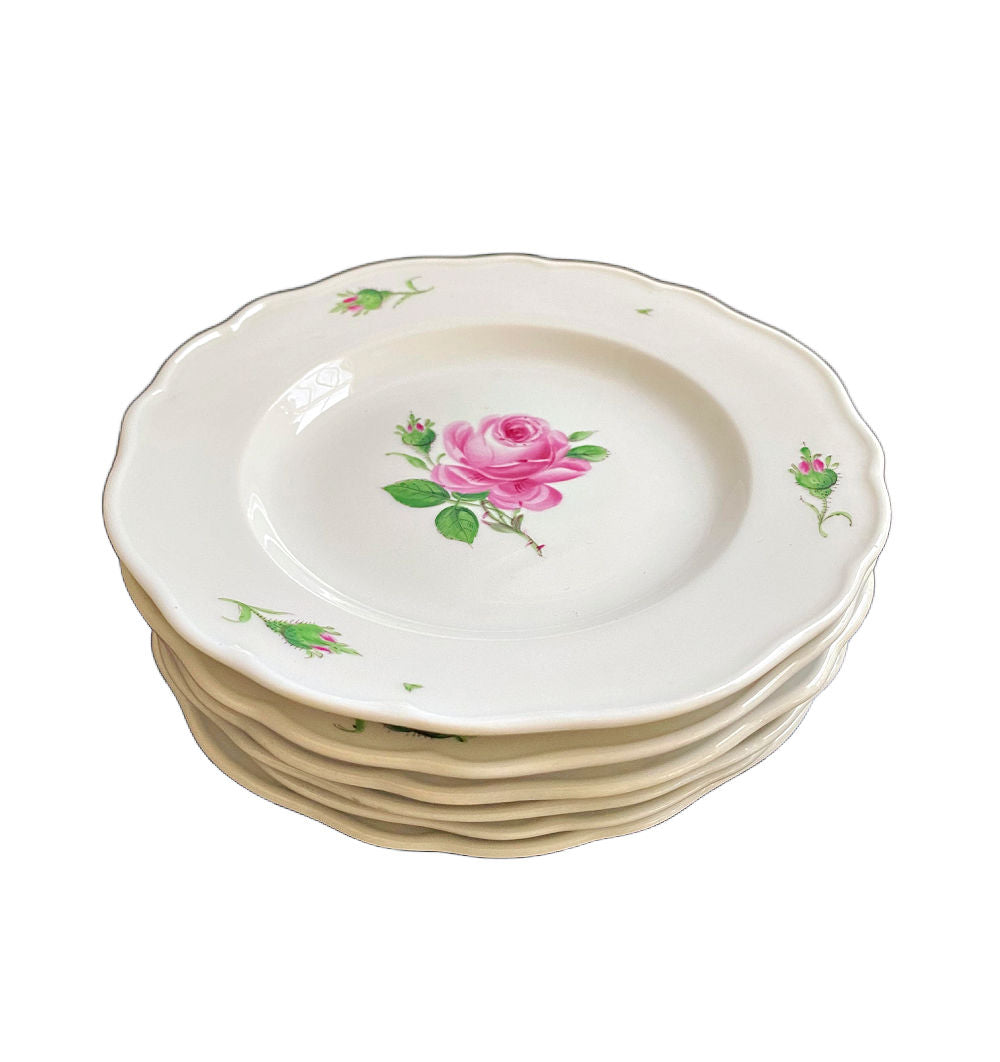 Set of six antique Meissen pink rose appetizer plates in hand-painted porcelain. Romantic European floral china for elegant entertaining.