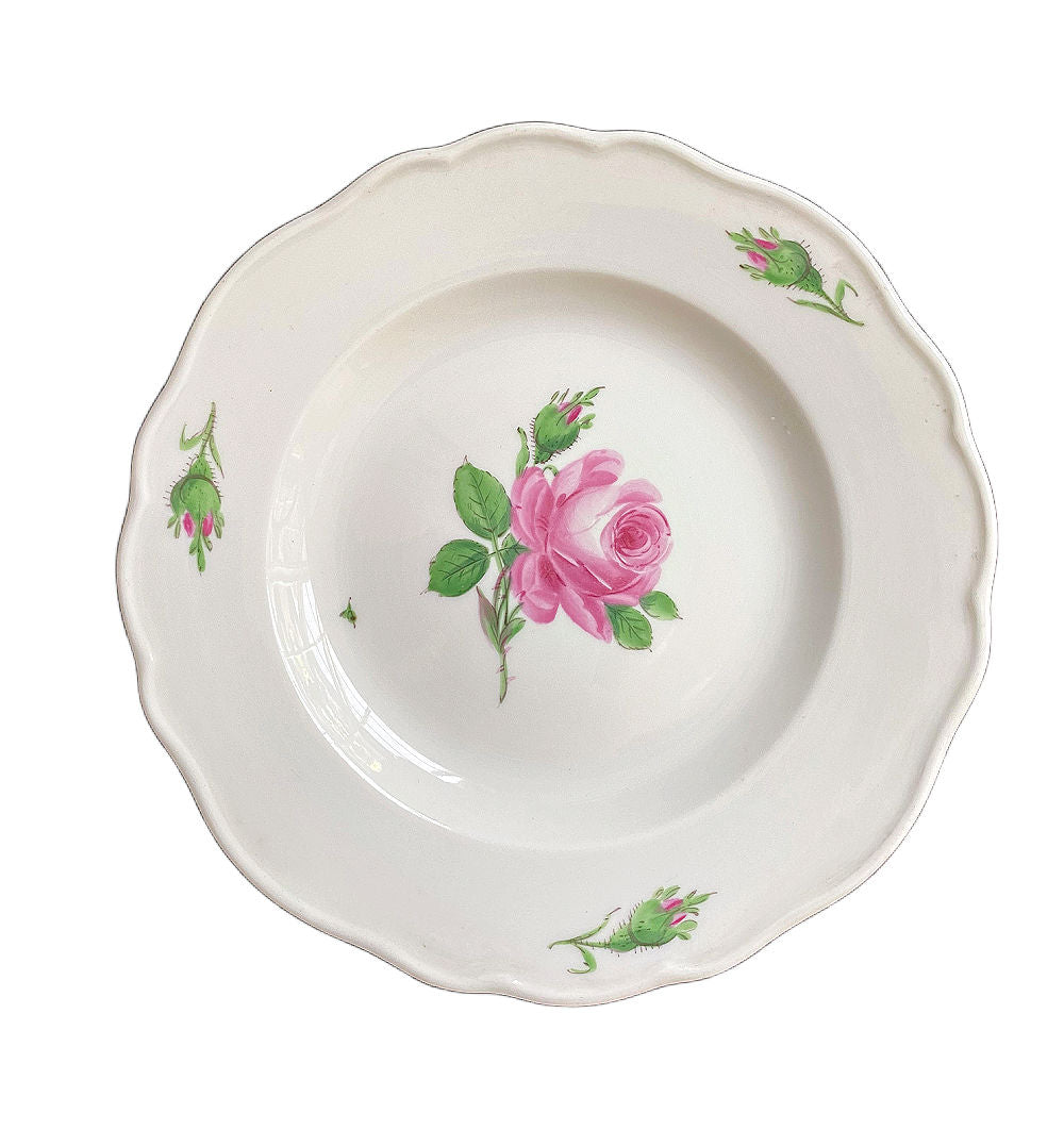 Stunning ntique Meissen pink rose appetizer plate in hand-painted porcelain. Romantic European floral china for elegant entertaining.